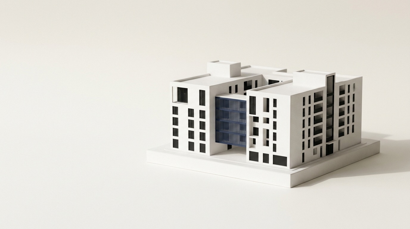 Witte studiemaquette van een hedendaags woonblok rond een binnenhof, met een inkt-blauw geaccentueerde binnengevel, op een neutrale ondergrond.